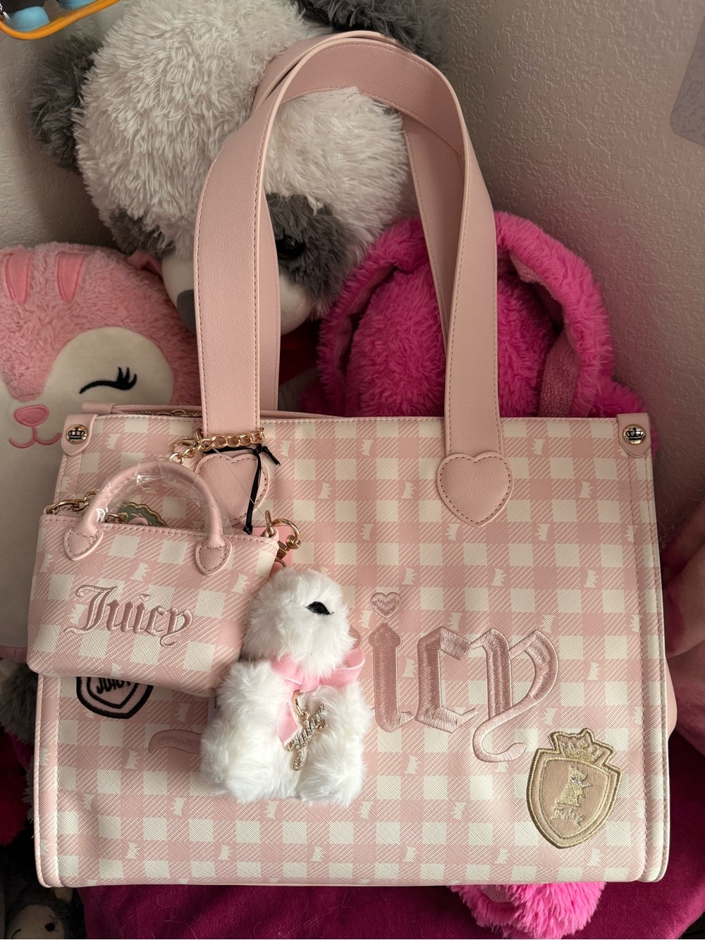 Juicy Couture Run The World / Study In Style Pink Gingham Scottie Tote Set